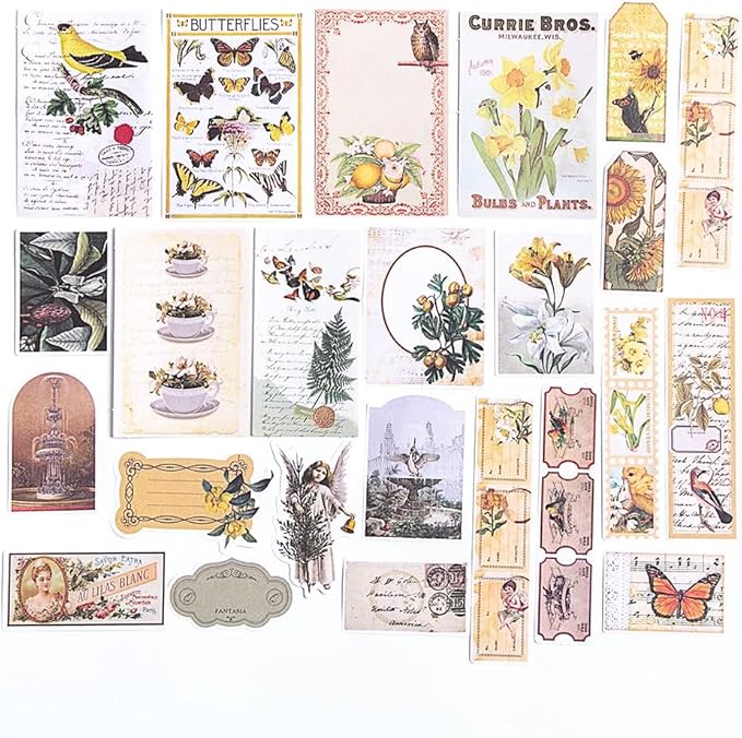 Alideco 200pcs Vintage Scrapbook Stickers Kawaii Fairy Scrapbooking Paper Washi Junk Journaling Supplies Collage Album Aesthetic Cottagecore Picture Frames(Plant Butterfly)