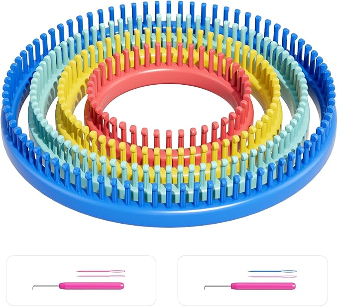 cureder Round Knitting Looms Set- Set of 4 Plastic Looms Knitting with 2 Knitting Yarn Loom Needle and 2 Plastic Loom Pick, Fit Craft Kit Tool for Giveaways Souvenirs, Gifts