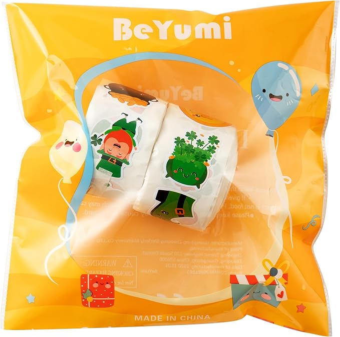 beyumi cute shamrock sticker roll - 1000pcs st. patrick's day stickers in 2 rolls waterproof cartoon irish green shamrock clover gnome decals gift party favor laptop bottle scrapbooking decor for kids