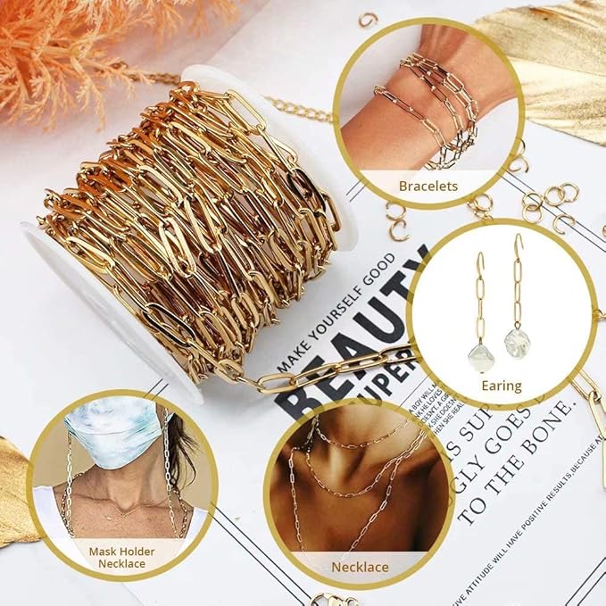 16.4 Feet 18K Gold Plated Stainless Steel Paperclip Chain DIY Jewelry Making Kit for Adults & Teens, Unisex, Gold, Life-Size, Not Foldable
