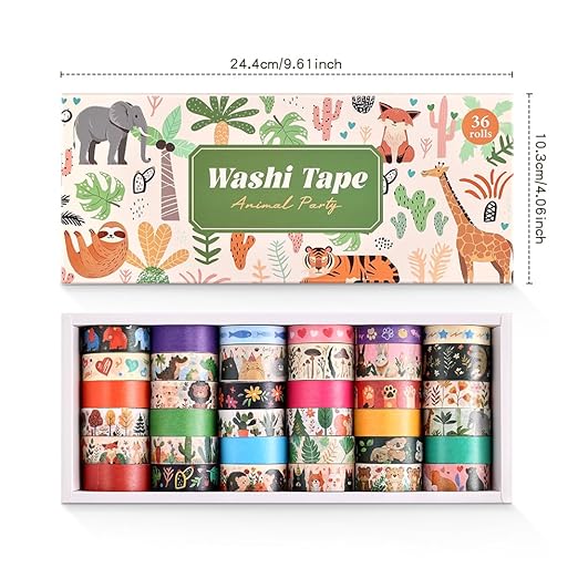 36 Rolls Animal Theme Washi Tape Set, Colorful Cute Adorable Animals Writable Decorative Tapes for Scrapbooking, Junk Journal Supplies, Bullet Journaling, 0.6"x79" per Roll