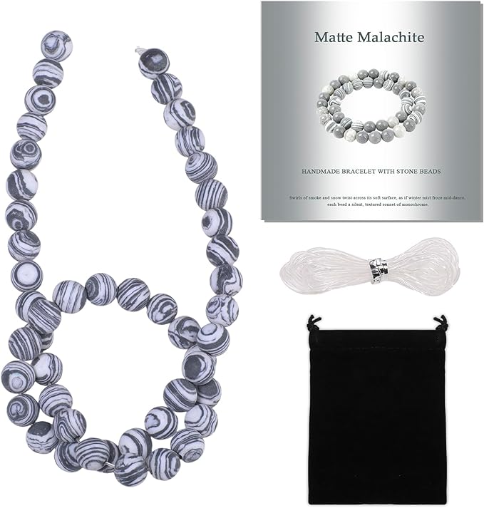 Stone Beads, 45pcs Matte Black and White Malachite, 8mm Round Loose Beads for Jewelry Making, Bracelets, with Bag, String & Card