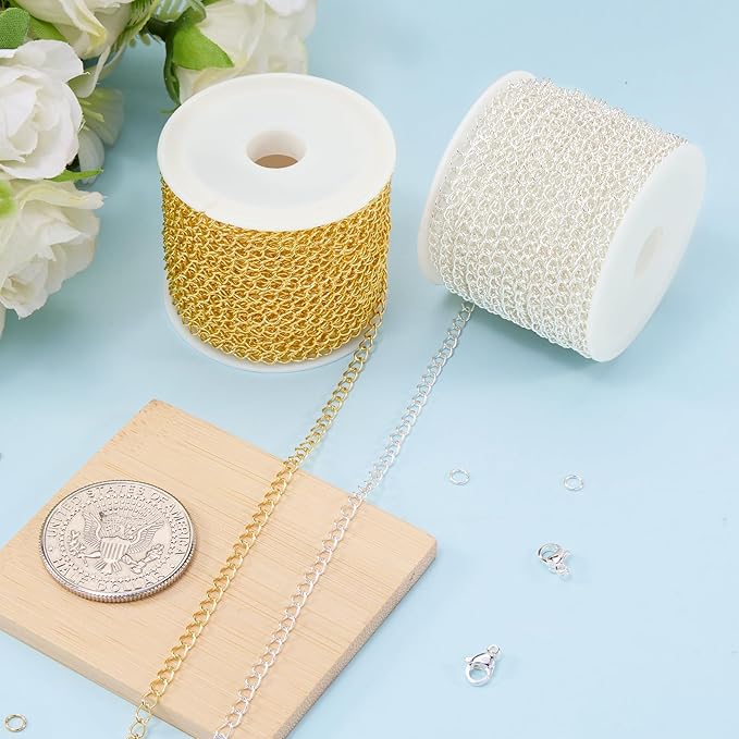 Kyutong 2 Rolls Gold and Silver Extender Chain for Jewelry Making 3MM Wide Curb Links Stainless Steel Necklace Chains Spool on Bulk with Lobster Clasps Jump Rings Jewelry Supplies for Crafts DIY
