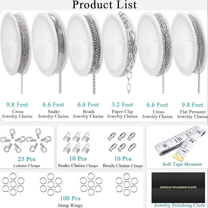 Necklace Chain for Jewelry Making, 42.6 Feet 6 Roll Stainless Steel Silver Jewelry Link Chains for DIY Necklace Bracelets Keychain Craft Jewelry Making Supplies with Jump Rings Lobster Clasp Connector