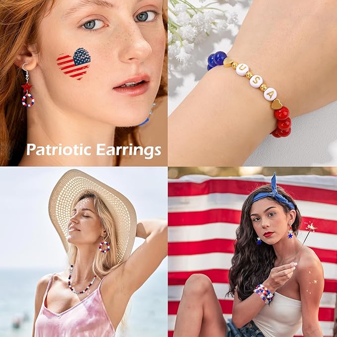 1938Pcs Red White Blue Beads Kit, 4th of July Patriotic Clay Beads Star Beads Round 6mm Pearl Beads for Jewelry Making Independence Day Polymer Clay Beads Heishi Beads for Necklace Bracelets Earrings
