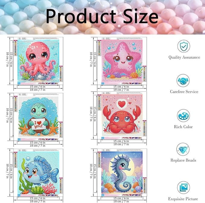6 Pack 5D Cartoon Diamond Art Kits for Kids Ages 8-12,Cute Ocean Animals Diamond Painting for Kids Beginners,Full Drill Gem Art for Kids DIY Crafts for Girls 8-12,Gifts for 6 7 8 9 10 Year Old Girls