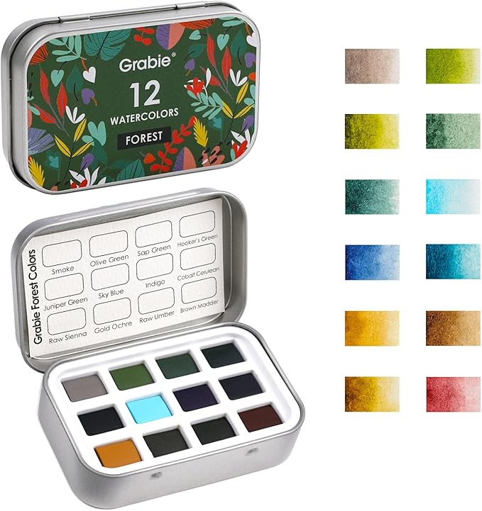 Grabie Pocket Watercolor Set of 12, Travel Watercolor Paint Set, Watercolor Paints, Art Supplies for Painting, Great Watercolor Set for Artists, Amateur Hobbyists and Painting (Forest)