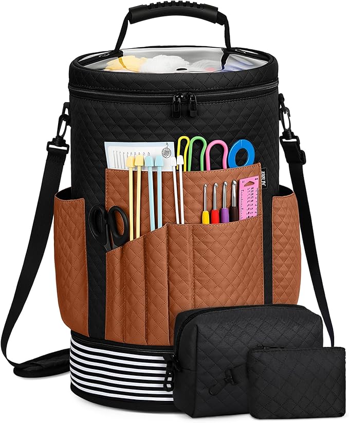 IBFUN Crochet Yarn Knitting Bag 3PCS - Expandable Yarn Storage Organizer Crocheting Bag with Accessories Cases Adjustable Strap for Hooks, Needles, Accessories, Crochet Lovers, Supplies, Beginners