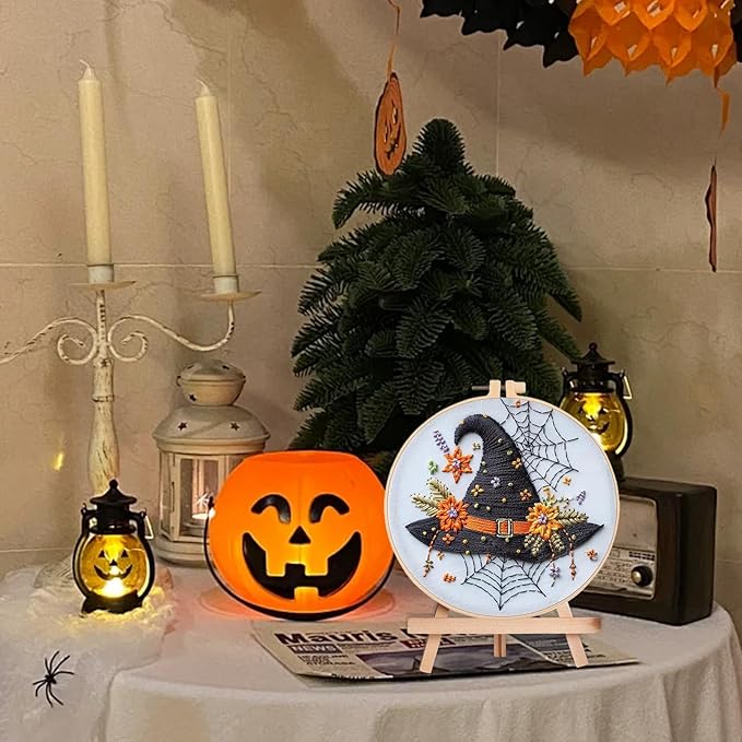 Floral Witch Hat Embroidery Kit Halloween Cross Stitch Material Set with Bat Skull Flower Pumpkin Patterns, DIY Hand Needlepoint Embroidery Craft Kit for Beginners Professional (Floral Witch Hat)