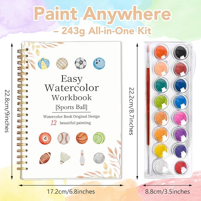Easy Watercolor Workbook for Beginners - 12 Beautiful Step-by-Step Paintings Water Coloring Book, Includes 16 Colors Paints, Relaxing Art Projects and Creative Gift for Adults & Teen (Sports Ball)