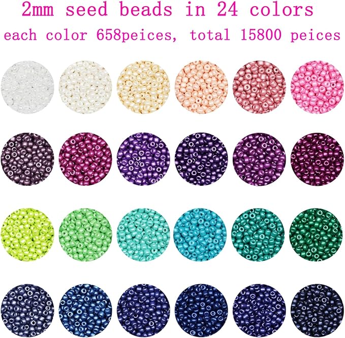 VOOMOLOVE 12/0 Glass Seed Beads Kit - 15800pcs, 24 Colors, 2mm, Bracelet Making Beads with 24-Grid Plastic Storage Box