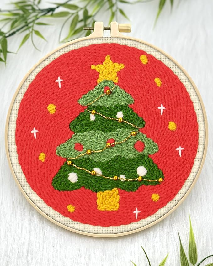ERKOON Christmas Punch Needle Kit Adults Beginners, 2 Pcs DIY Easy Embroidery Set for Starter Art Craft, Needling Punch Project with Patterns, Tools, Yarns, Hoop, Instruction (ChristmasTree & Snowman)
