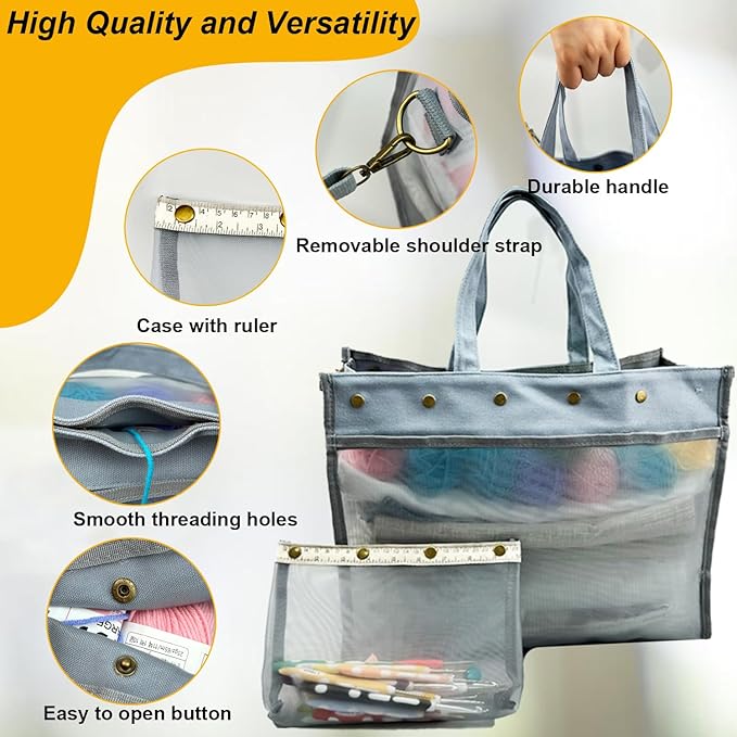 Knitting Bag Large Yarn Storage Organizer,Crochet Bags and Totes,Yarn Bags for Crocheting,Crochet Storage Bags for Crochet Hooks,Knitting Needles,Knit Bags for Crochet Lovers,Mother's Day Gift(Grey)