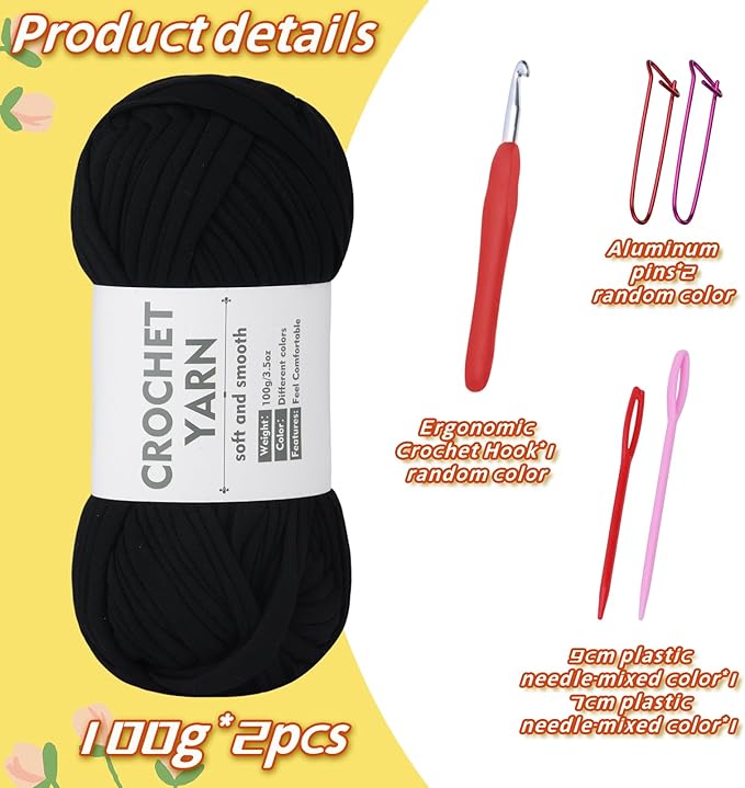 2 Pack T-Shirt Yarn Set, Black Knitting Crochet T Shirt Yarn, Tshirt Yarn Kit for Crocheting, Ribbon Cotton Yarns, Knitting Yarns Ball