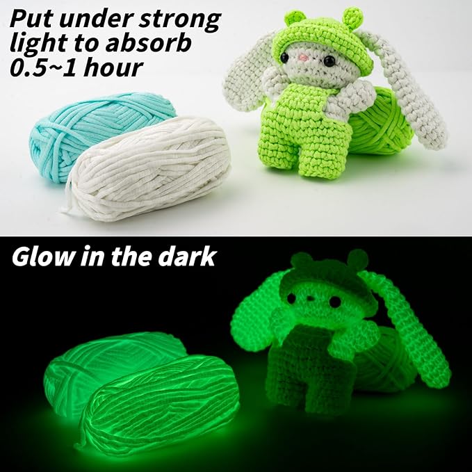 5x50g Glow in The Dark Yarn Set for Crocheting and Knitting; 5x51m (60yds) Yarn for Beginners with Easy-to-See Stitches; Worsted-Weight Medium #4; Beginners Crochet Kit