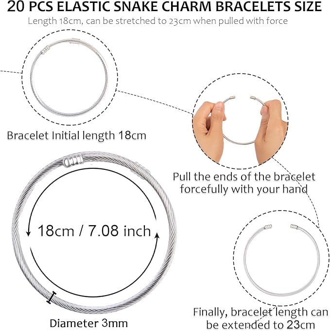 20 Pieces Snake Charm Bracelet Stainless Steel 3mm Expandable Charm Bangle Bracelets Silver Adjustable Friendship Snake Bracelet DIY Charm Bracelet for Women Jewelry Christmas Birthday Gifts