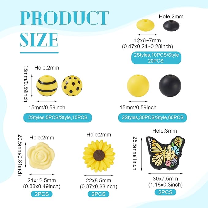 96 Pcs Butterfly Silicone Focal Beads for Keychain Yellow Silicone Loose Beads for Bracelet Making Rondelle Flower Daisy Beads for Women Jewelry Making DIY Birthday Supplies