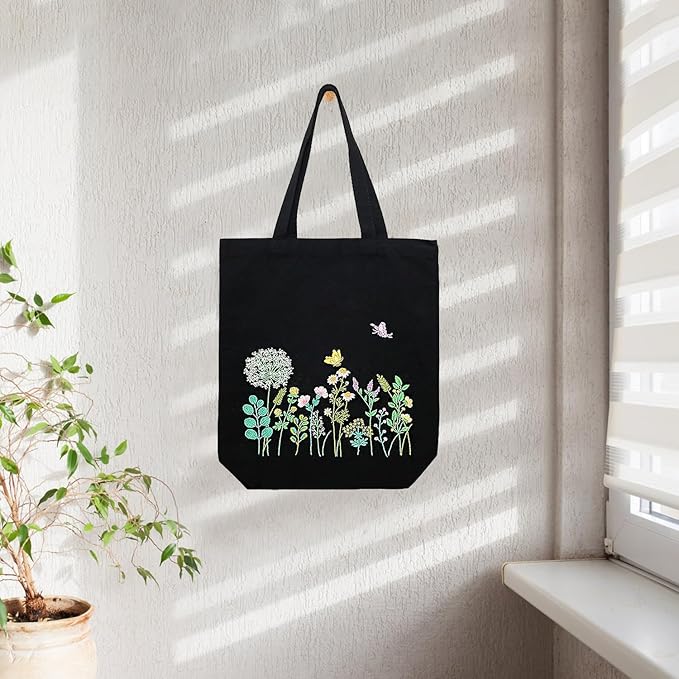 Canvas Tote Bag Embroidery Kit, Embroidery Kit for Beginners Adults, Embroidery Starter kit with Flower Pattern, Canvas Bag Cross Stitch Kits, Cross Stitch Kit with Hoops, Color Threads and Tool