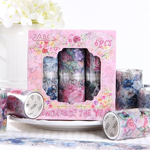 Floral Washi Tape Set, 6 Rolls Wide Aesthetic Decorative Flower Tape for Journaling, Scrapbooking, Bullet Journal, Junk Journal, DIY Crafts and Gift Wrapping (Floral)