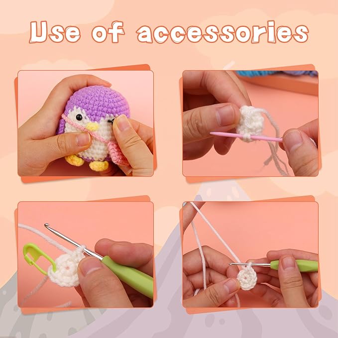 IMZAY Crochet Kit for Beginners, Beginner Animal Kit, Cute Starter with Video Tutorial, Hooks, Colored Yarns, Stitch Marker Complete Set to Make Purple Penguin