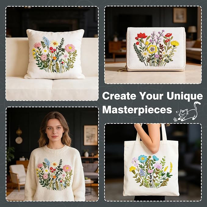 RIHYTFU 3 Pack Flower Embroidery Kits for Beginners, Adults Starter Cross Stitch Kit, DIY Sewing Needlepoint, Floral Plants Patterns Hand Stamped Embroidery Kits
