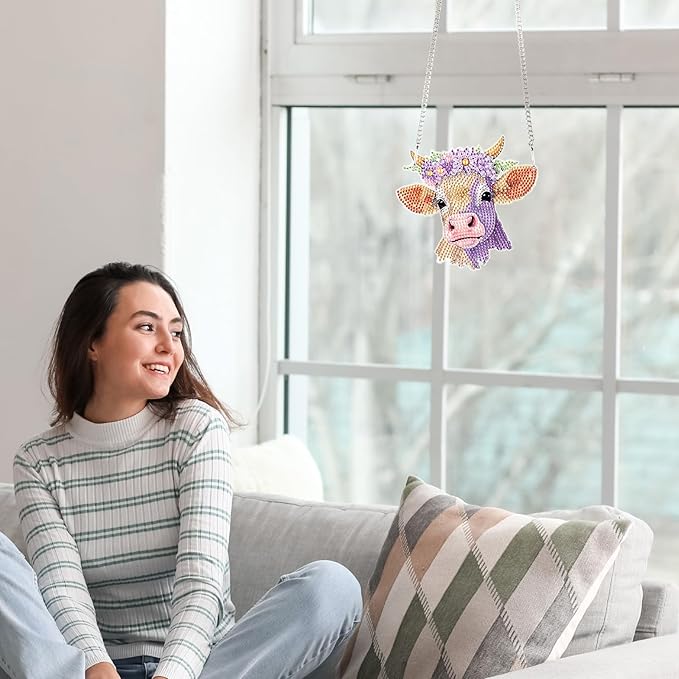 Cow Head Diamond Painting Hanging Kit, 5D DIY Acrylic Pendant with Special Shaped Crystal Rhinestones, Animal Art Ornament for Wall, Door or Window Decoration, Handmade Craft Gift for Adults