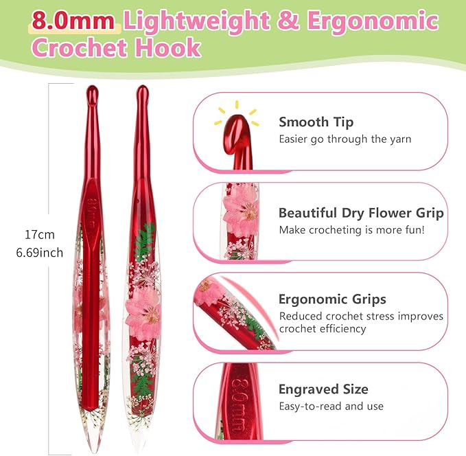 Katech 8mm Crochet Hooks with Floral Pattern-Elegant &Unique Crochet Needles-Longer Smooth Glide Crocheting Hook for Arthritic Hands, Beginners & Professional Ideal Crochet Gift(L)