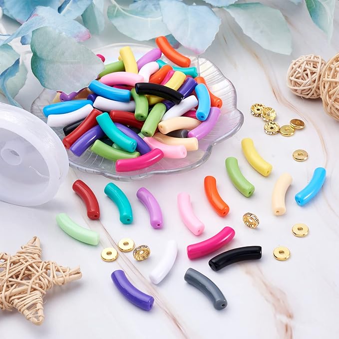 150Pcs Acrylic Chunky Tube Beads with Rondelle Brass Rhinestone Spacer Beads & Elastic Crystal Thread, 15 Colors Long Noodle Curved Tube Beads for Bamboo Bangles Bracelet Jewelry Making