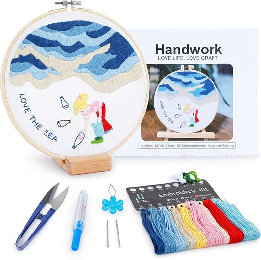 BERYA Embroidery Kit for Adult Beginners, Sea Embroidery Kit with Step-by-Step Instructions and Video, Printed Cloth, 7.87" Hoop, Display Stand, Color Threads and Tools for Craft Lover(BEH001)