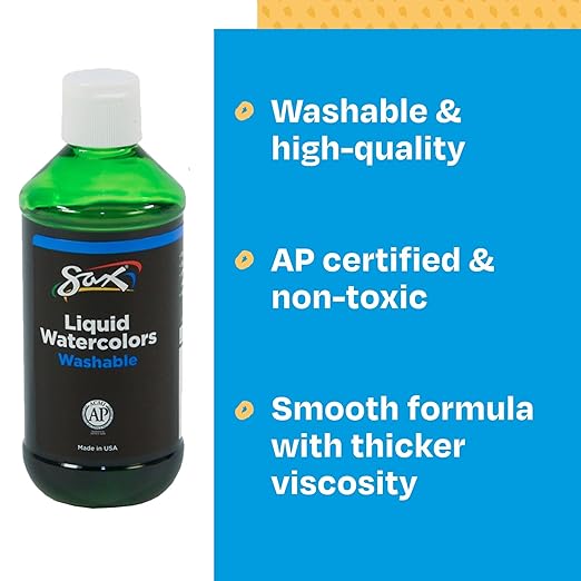 Sax Liquid Washable Watercolor Paint, 1/2 Pint, Assorted Colors, 8 Ounce (Pack of 8) - 1567858