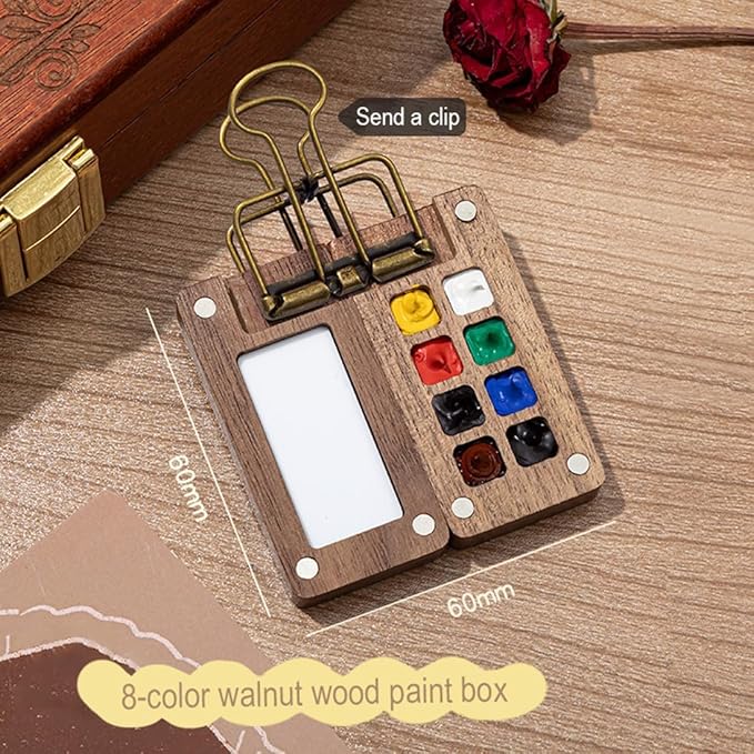 Mini Watercolor Travel Paint Set, Travel Watercolor Set, Portable Artist Palette Sets with Colours, Book,Binder Clips,Pens,Wooden Paint Box for Painters Artists Student (8 Grids)