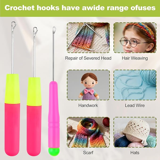 3Pack Latch Hook Tool, 3 Size Crochet Needle for Hair, Extension Micro Braid Multi-Purpose Knitting Needles,Hair Crochet Hook for Scarf Carpet Making, Art Craft (0.12+0.2+0.28 Inch)