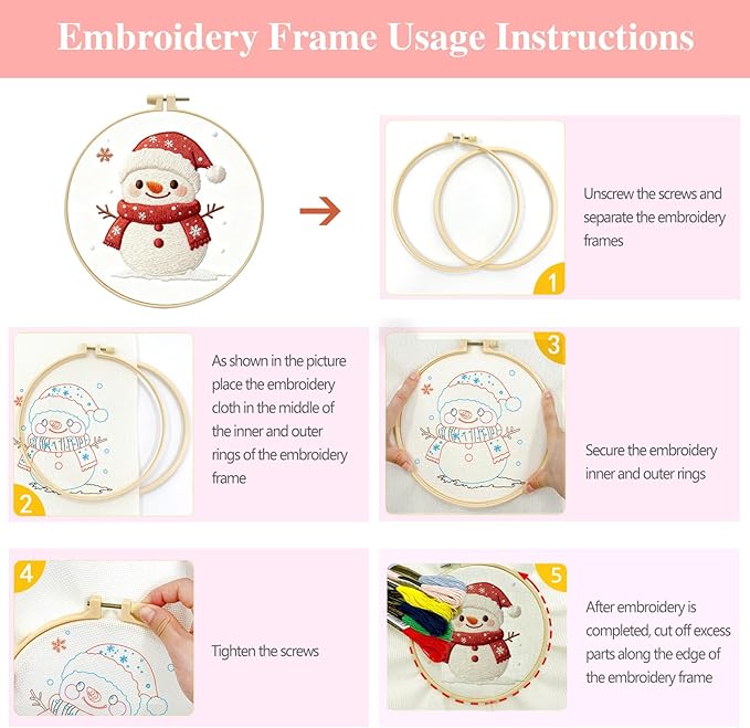 Zhenqing Snowman Embroidery Kit for Beginners - Complete Set with 20cm Hoop, Pre-Printed 29x29cm Cotton Fabric, Threads & Tools(C0146)