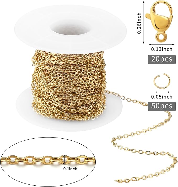 Topacket 33Feet 18K Gold Stainless Steel Necklace Chains Cable Link Chains for Jewelry Making DIY Craft Kit with Lobster Clasps Jump Rings