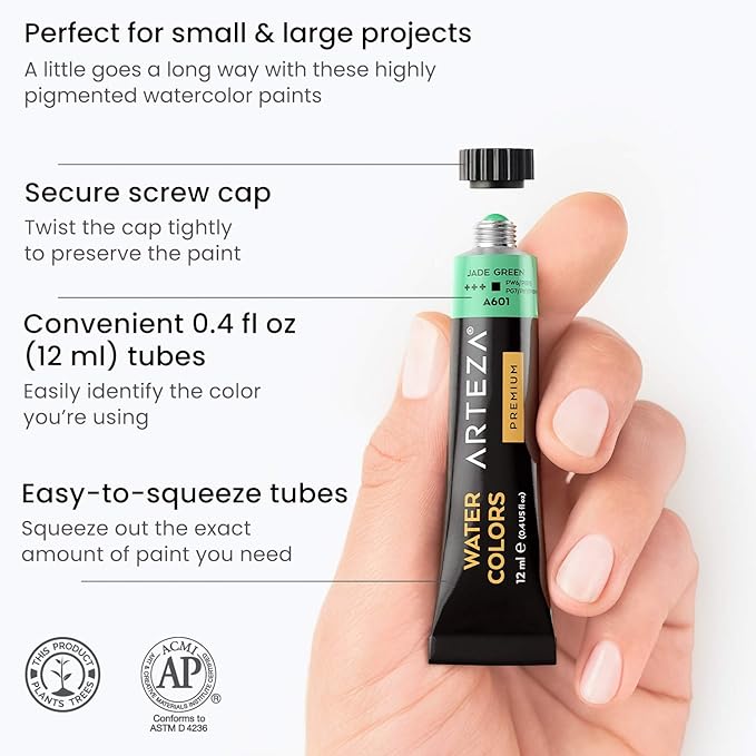 ARTEZA Watercolor Paint Set, 60 Colors, 12 ml Tubes, Highly Pigmented Watercolor Paints for Washes, Layering, Blending, and Mixed Watercolor Techniques