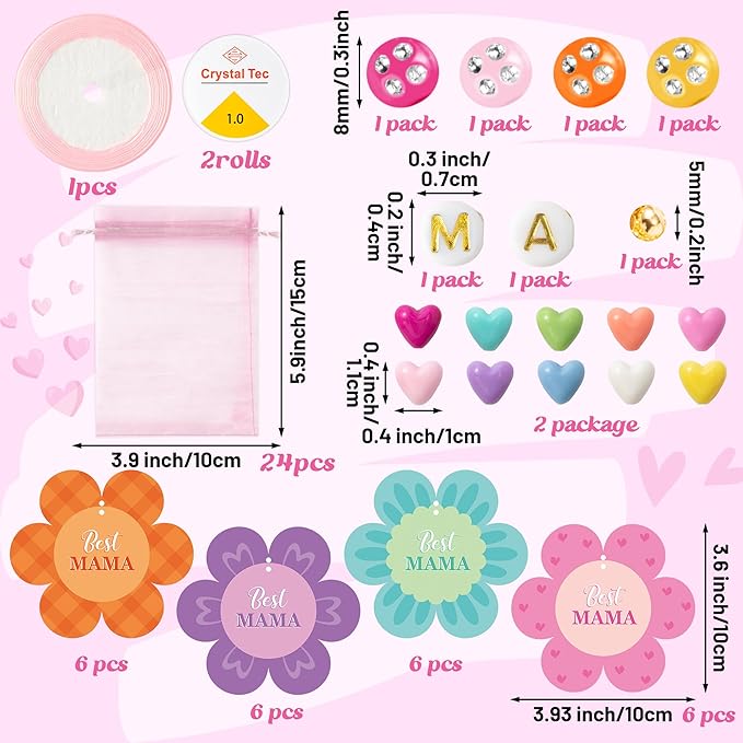 BeYumi Mom Bracelet Craft Kit - 24 Pack Mother's Day Mama Letter Heart Beads Bracelets with Flower Gift Cards and Bags DIY Thankful Craft Kit to Mothers School Classroom Family Party Fun Activities