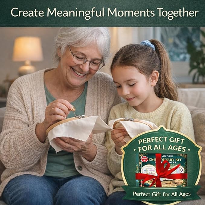 Moni Crafts - Embroidery Kit for Beginners Adults – Learn 41 Stitches with Complete Starter Kit, 4 Pre-Printed Patterns, Threads, Needles & Hoop – Hand Embroidery Kit with Video Tutorials