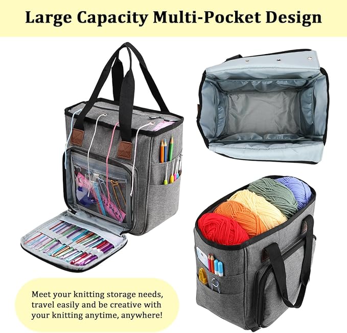 ZBEZBE Knitting & Crochet Tote Bag, Multi-Pocket Yarn Storage Organizer, Portable Yarn Holder for Knitting Needles, Crochet Hooks, Yarn Skeins & Craft Supplies