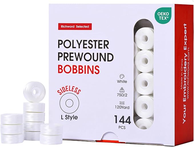 Poolin Prewound Bobbins, Richword Selected White SideLess 144pcs Size L(SA155), 75D/2(60WT) Polyester Bobbin Thread for Commercial Multi Needles Embroidery Machine, 130 Yards