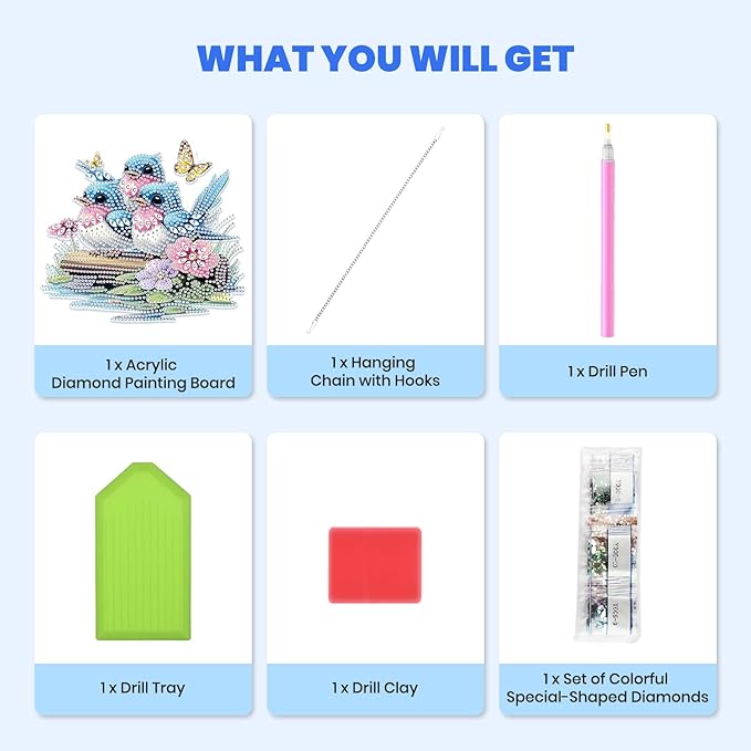 MXJSUA Blue Birds Diamond Art Hanging Kits for Adults Beginners, DIY Acrylic Special Shaped Crystal Animals Diamond Gem Art Pendant Drills Painting Ornament for Home Wall Decor and Gift