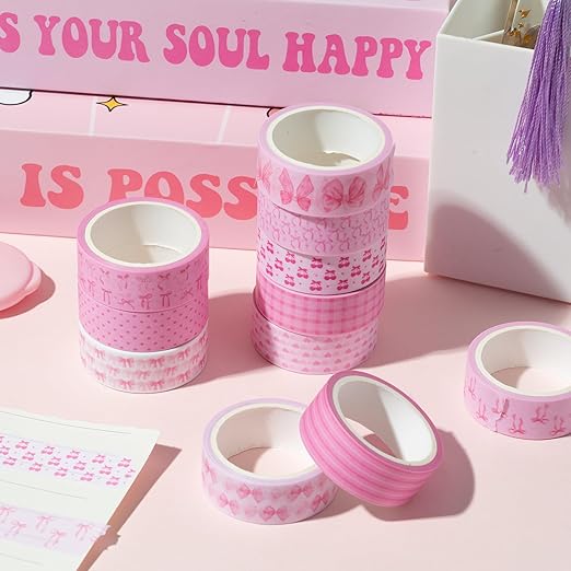 12pcs Pink Bow Washi Tape, Trendy Watercolor Pink Bow Cherry Preppy Aesthetic Decorative Tape, Cute Bowknot Heart Buffalo Plaid Artistic Tape for DIY Craft Scrapbook Wrapping Decor