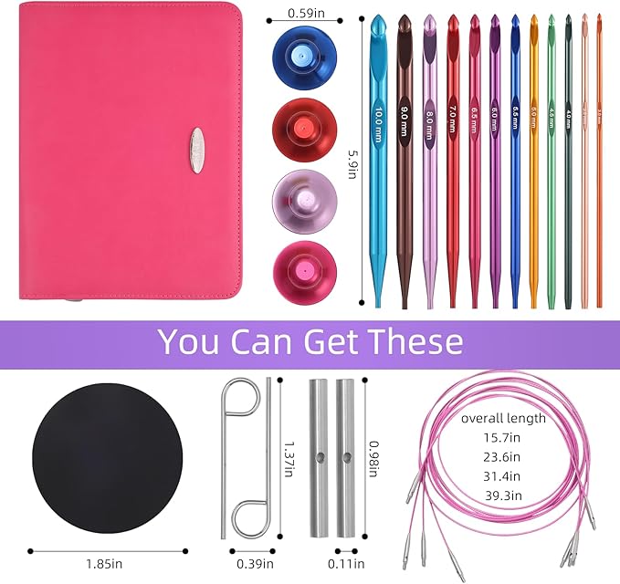 AIYUNDI Tunisian Crochet Hooks Set with Cable, 6-Inch Aluminum Interchangeable Crochet Hooks 3mm-10mm, Long Crochet Hooks, Lightweight, Anti-Twist Swivel Cables, Ergonomic, Multicolor 26 PCS