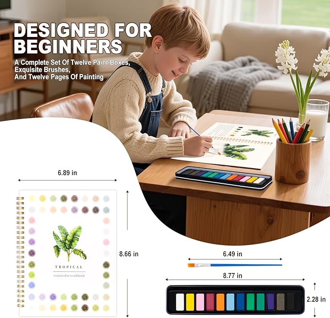 Metyond Watercolor Workbook - Watercolor Coloring Book with 1 Workbook 12 Colors Paint Set with Brush, Beginner Friendly Watercolor Workbooks Set Gift for Adults Teens (Tropical)