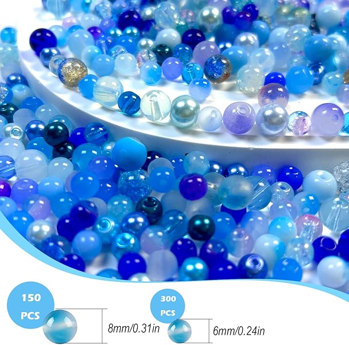450pcs Glass Beads for Jewelry Making, 6/8mm Assorted Crystal Loose Beads, Blue Series Round Spacer Bead Kit for Bracelet Necklace DIY Craft