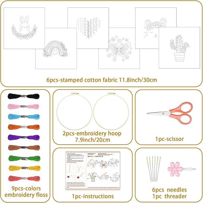 BEUNITONE Embroidery Kit with 6 Easy Patterns, Simple Cross Stitch Starter Set for Absolute Beginners, Cute Animal Rainbow Butterfly DIY Craft Activity