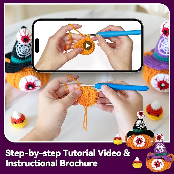 Sinyon Beginner Crochet Kit with Video Tutorials - Pumpkin Candy Bag Crochet Patterns, 40%+ Premium Yarn, Complete Crocheting Tools for Adults & Kids - DIY Craft Gift for Birthdays, Holloween (Black)