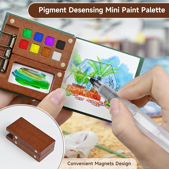 Mini Portable Watercolor Palette Set–Complete Travel Watercolor Set with 12 Watercolor Paints, Wooden Grid Paint Box, Mini Sketch Book, Masking Tape, 6 Brush Pens & Binder Clips
