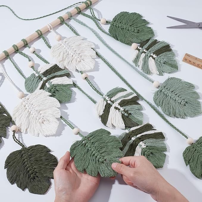 FREEBLOSS DIY Macrame Leaf Wall Hanging Beginners Macrame Kit Leaf Woven Tapestry Feather Wall Hanging 4 Green Colors Cotton Cord DIY Hanging Ornament Kit for Adults Birthday Gift