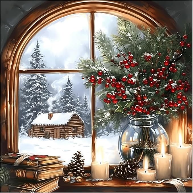 DIYDECORFUN Christmas Window Diamond Art Kits for Adults, Winter 5D Xmas Diamond Painting Kit for Beginner, DIY Full Drill Paint with Diamond Dot Gem Painting for Decor Gift14 x14 Inch