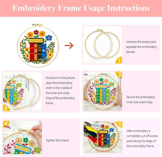 Zhenqing 4 Themes Cross Stitch Kit Set - 11CT 9.45x9.45Inch, Coffee/Books/Cats/Floral Designs, DIY Embroidery Kit with Full Tools (Hoops, Scissors, Tassels) & Guide, Cozy Home Decor Gift(69601)